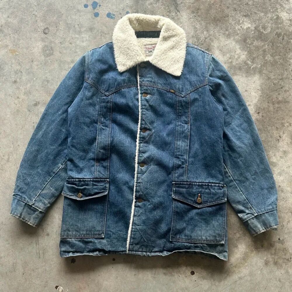 Vintage 70s Lee Storm Rider Sherpa Lined Denim Rancher Trench Coat Size L/XL